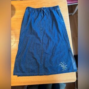 Large Vintage Jean Skirt with floral pattern at bottom